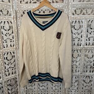 Houston White x Target V Neck Collegiate Varsity Cable Knit Sweater Cream SZ L